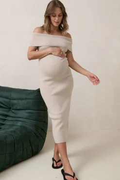 Glimpses Off Shoulder Dress - Oatmeal